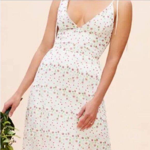 New Dress the Population White Sunny Floral Ruched V-Neck Midi Sundress - Picture 1 of 4
